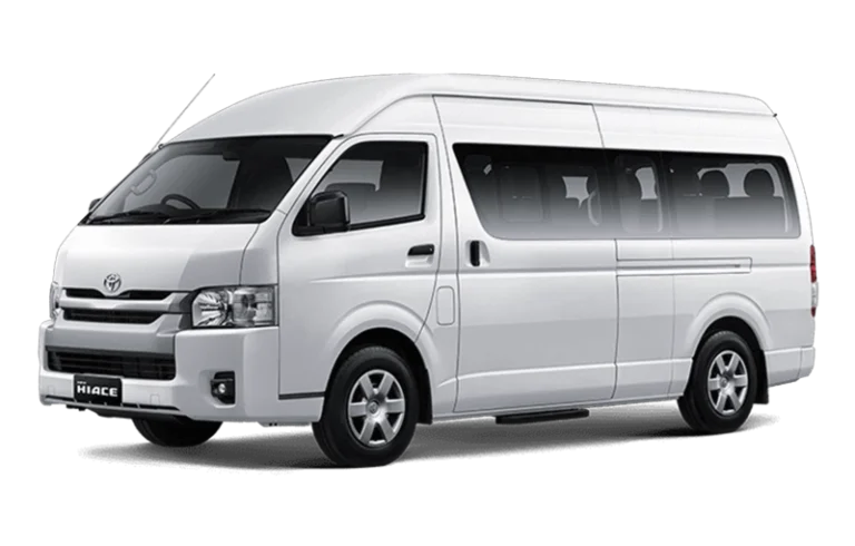 Toyota HiAce Commuter 2025, luxurious and comfortable 14 seater van. Fill with LED TV, karaoke, USB ports, Android head unit, reclining seat, and AC.