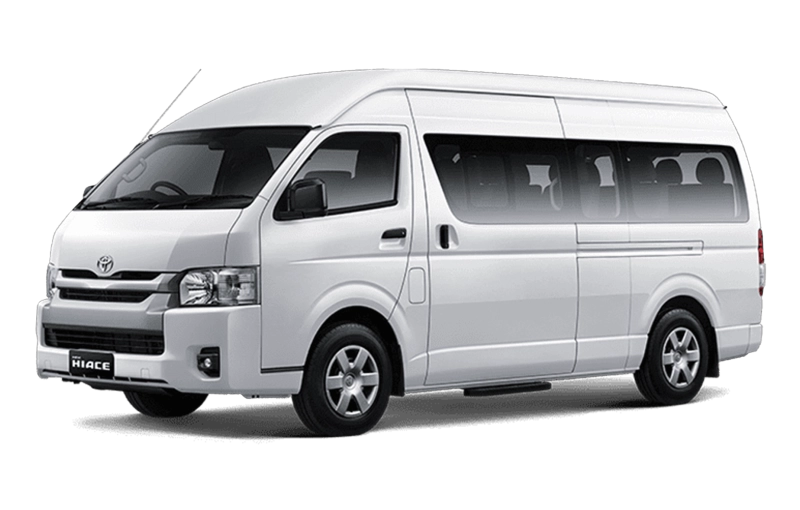 Toyota HiAce Commuter 2025, luxurious and comfortable 14 seater van. Fill with LED TV, karaoke, USB ports, Android head unit, reclining seat, and AC.