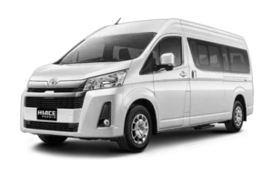 Toyota HiAce Premio 2025, luxurious and comfortable 14 seater van. Fill with LED TV, karaoke, USB ports, Android head unit, reclining seat, and AC.