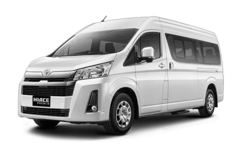 Toyota HiAce Premio 2025, luxurious and comfortable 14 seater van. Fill with LED TV, karaoke, USB ports, Android head unit, reclining seat, and AC.