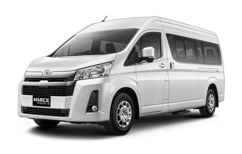 Toyota HiAce Premio 2025, luxurious and comfortable 14 seater van. Fill with LED TV, karaoke, USB ports, Android head unit, reclining seat, and AC.