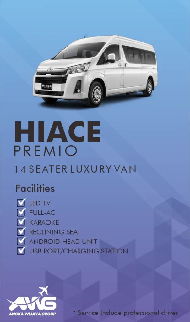 AWG Trans car rental and travel agency, provide toyota hiace premio 14 seater for family, group or business.